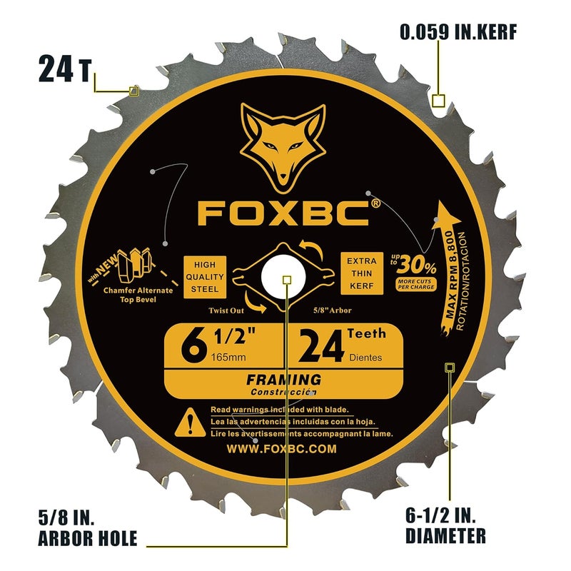 FOXBC 6-1/2 inch Circular Saw Blade 24T 60T Combo Pack, Wood Cutting, Thin-Kerf with 5/8" Arbor - Image 5